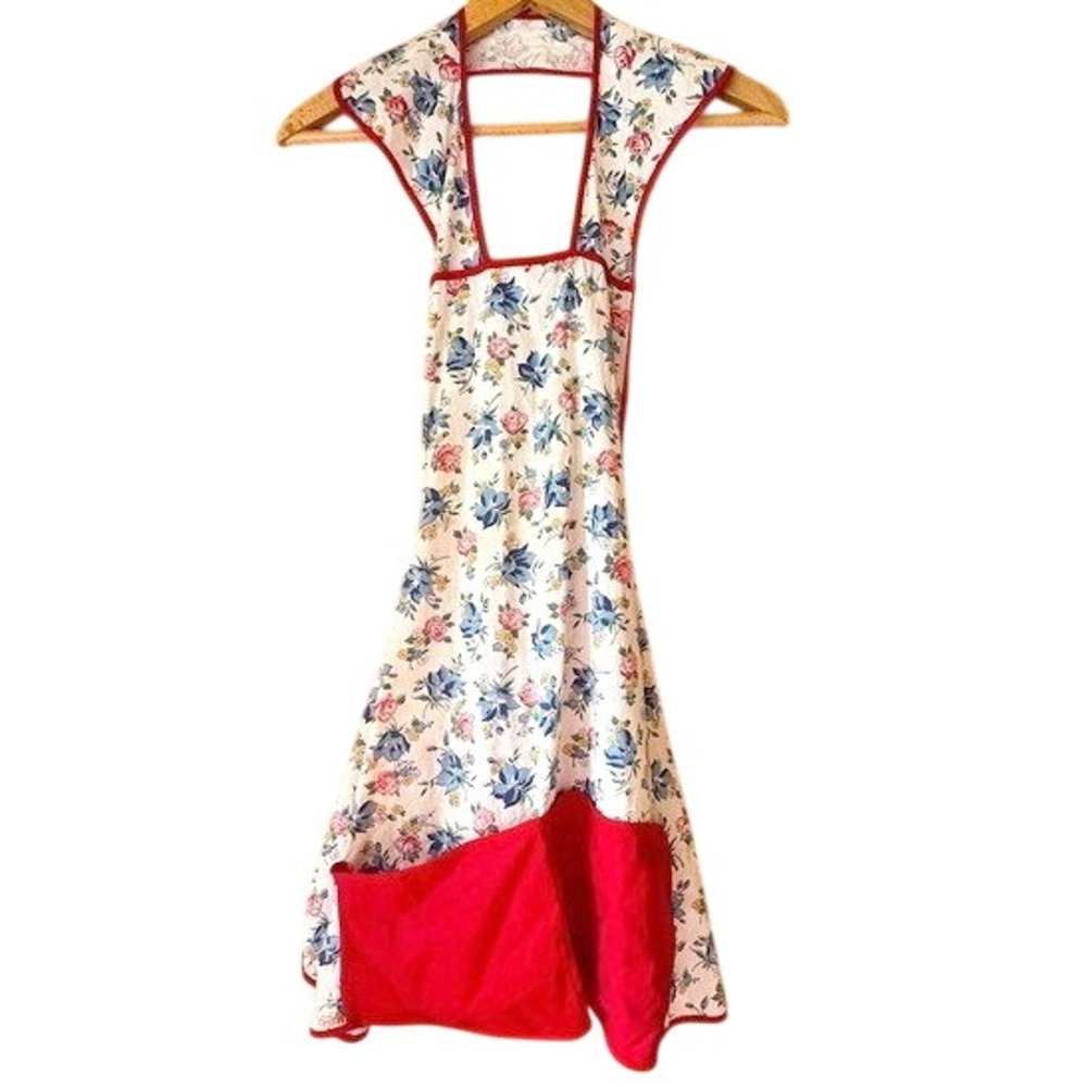 VTG Handmade Apron Floral Print Red Trim, Pocket 33" Long Cottage Feminine